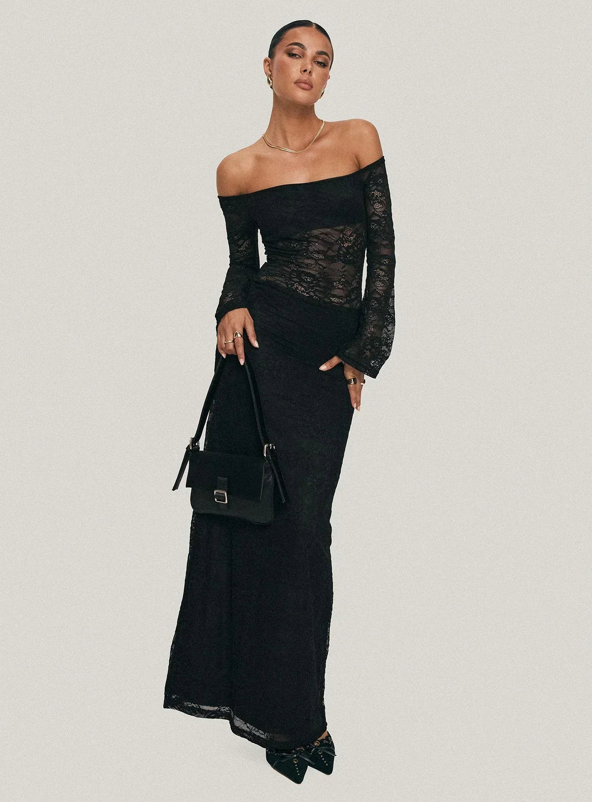 Pinot Grigio Long Sleeve Lace Maxi Dress Black