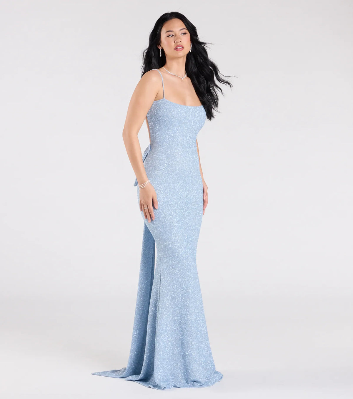 Gwendolyn Glitter Knit Bow-Back Mermaid Dress