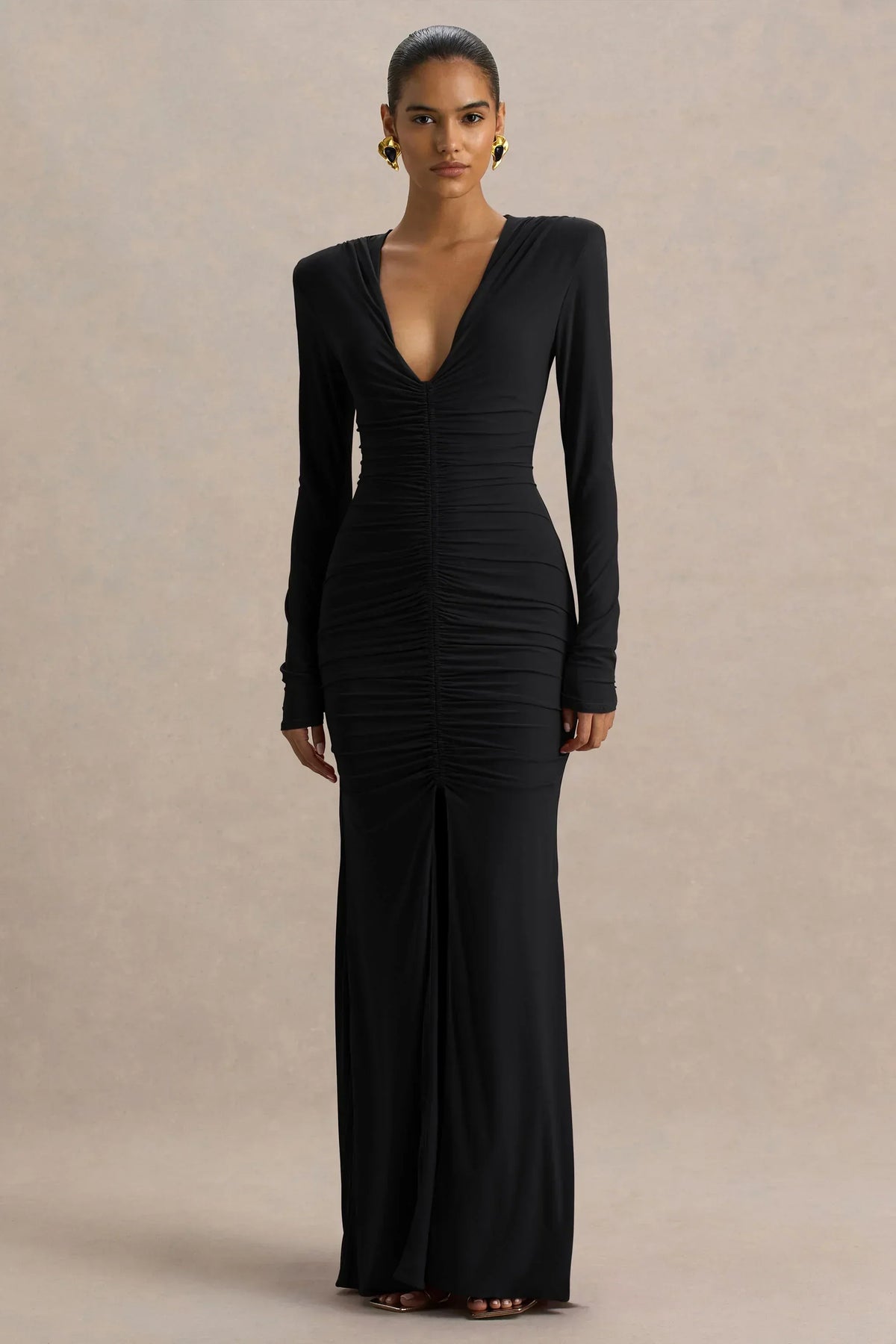 Jewel | Black Plunge-Neck Maxi Dress With Front Split and Ruched Detailing