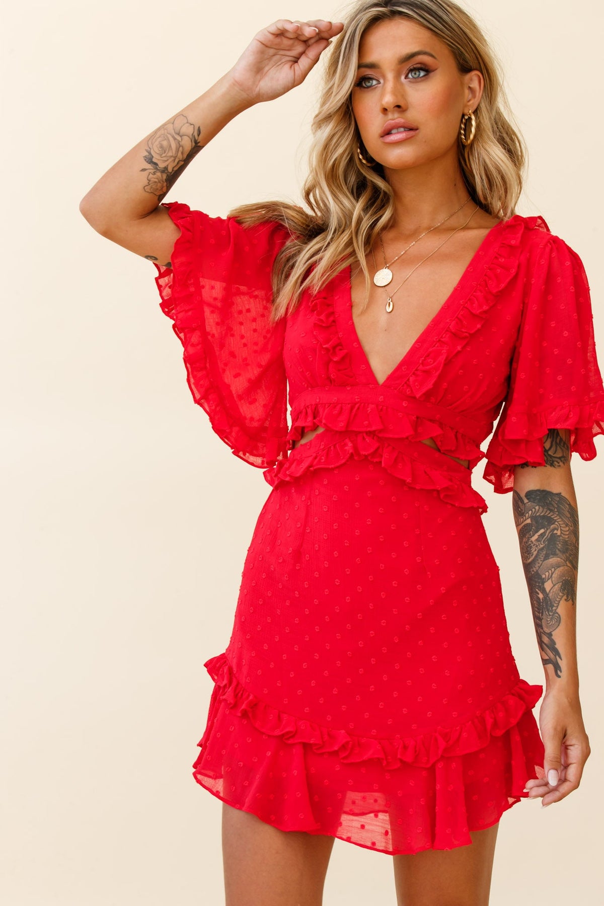 My Belle Cut-Out Detail Frill Accent Dress Red