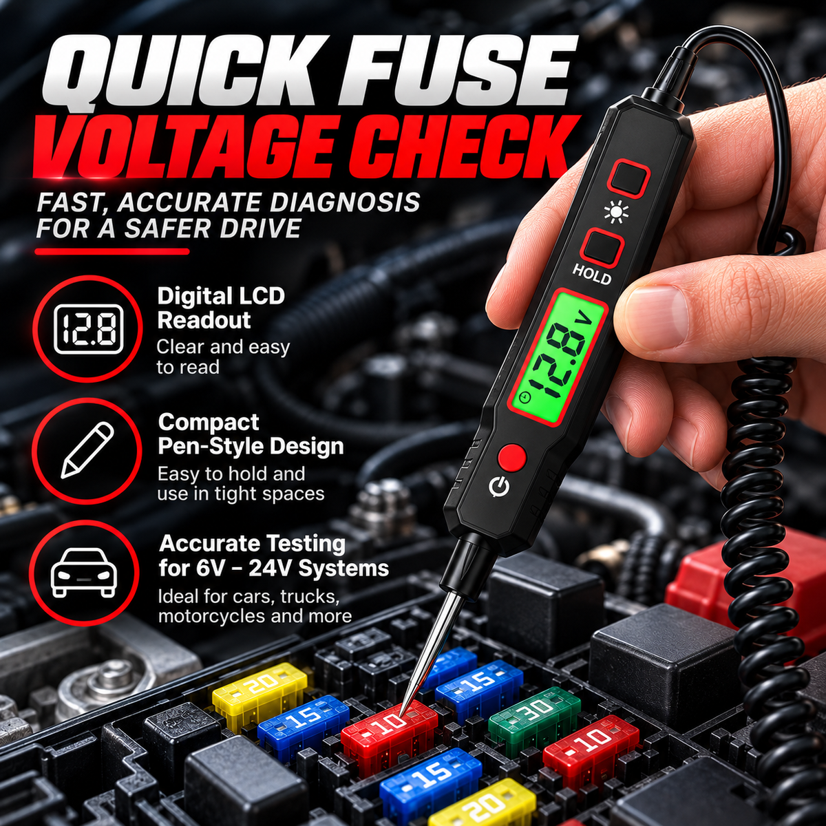 6V–24V Automotive Circuit Tester – Digital Voltage Probe with Short Circuit Detection, Polarity & Continuity Testing