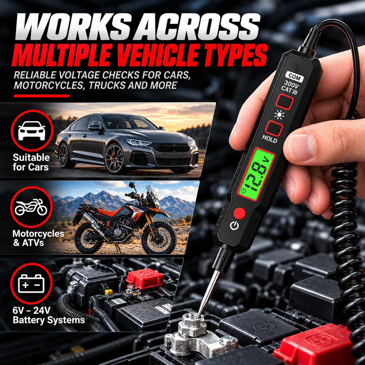 6V–24V Automotive Circuit Tester – Digital Voltage Probe with Short Circuit Detection, Polarity & Continuity Testing