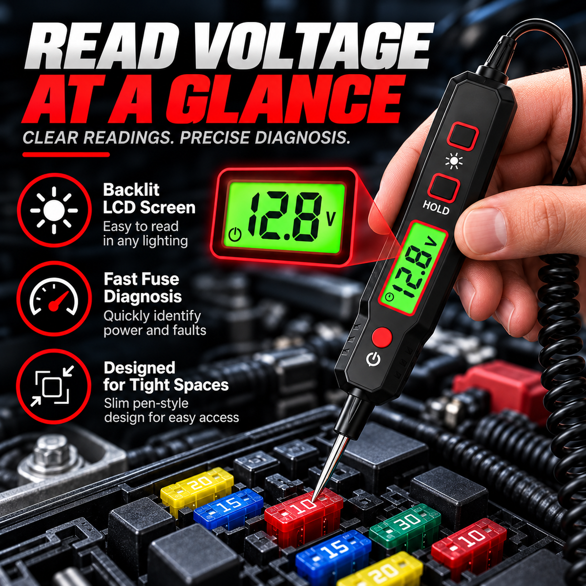 6V–24V Automotive Circuit Tester – Digital Voltage Probe with Short Circuit Detection, Polarity & Continuity Testing