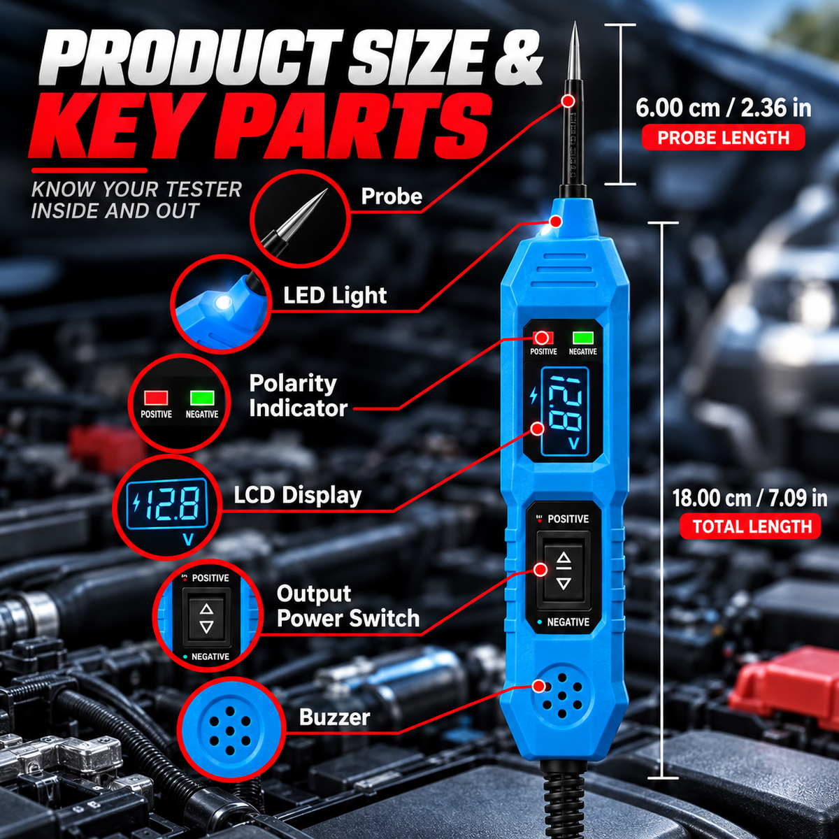 6V–24V Automotive Circuit Tester – Digital Voltage Probe with Short Circuit Detection, Polarity & Continuity Testing