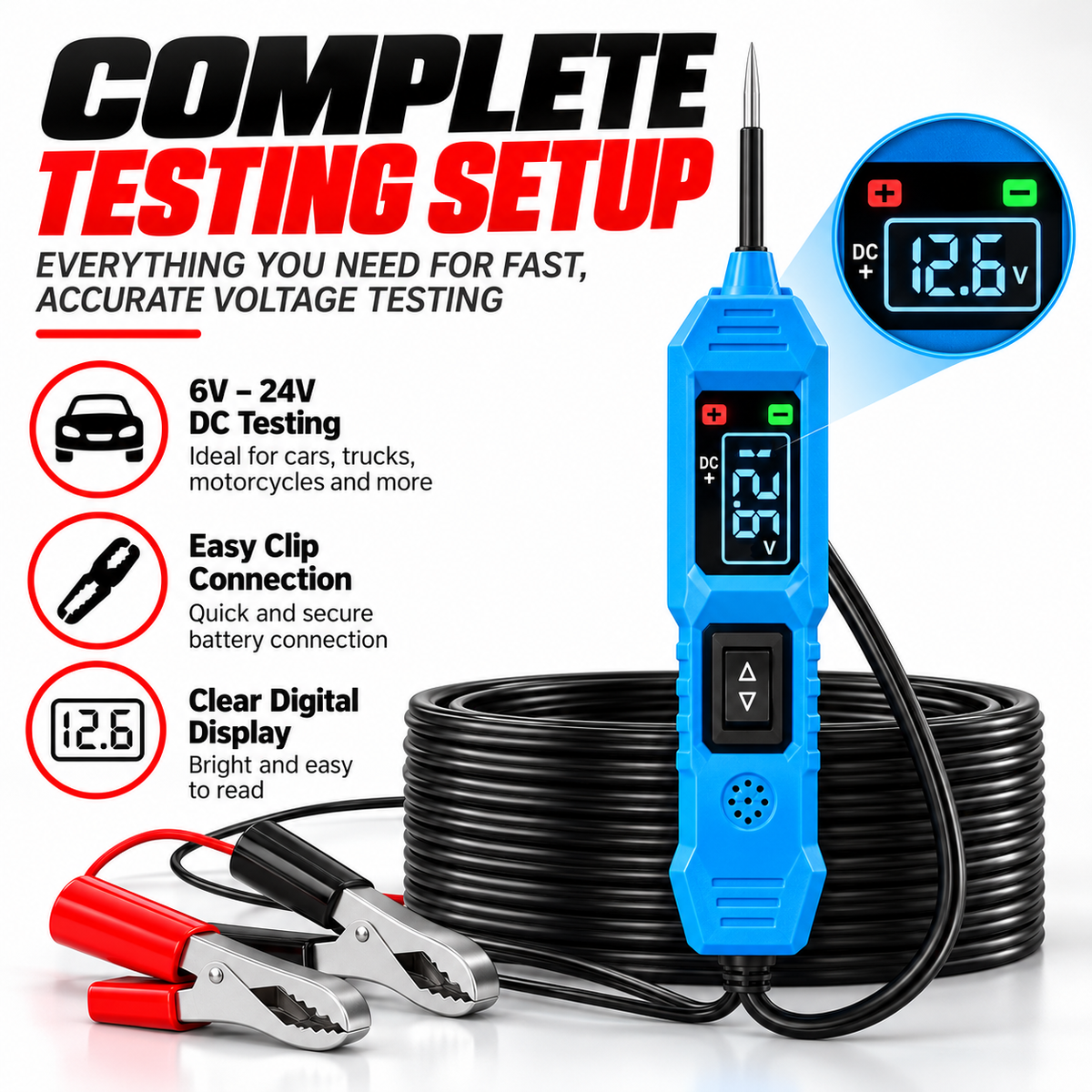 6V–24V Automotive Circuit Tester – Digital Voltage Probe with Short Circuit Detection, Polarity & Continuity Testing