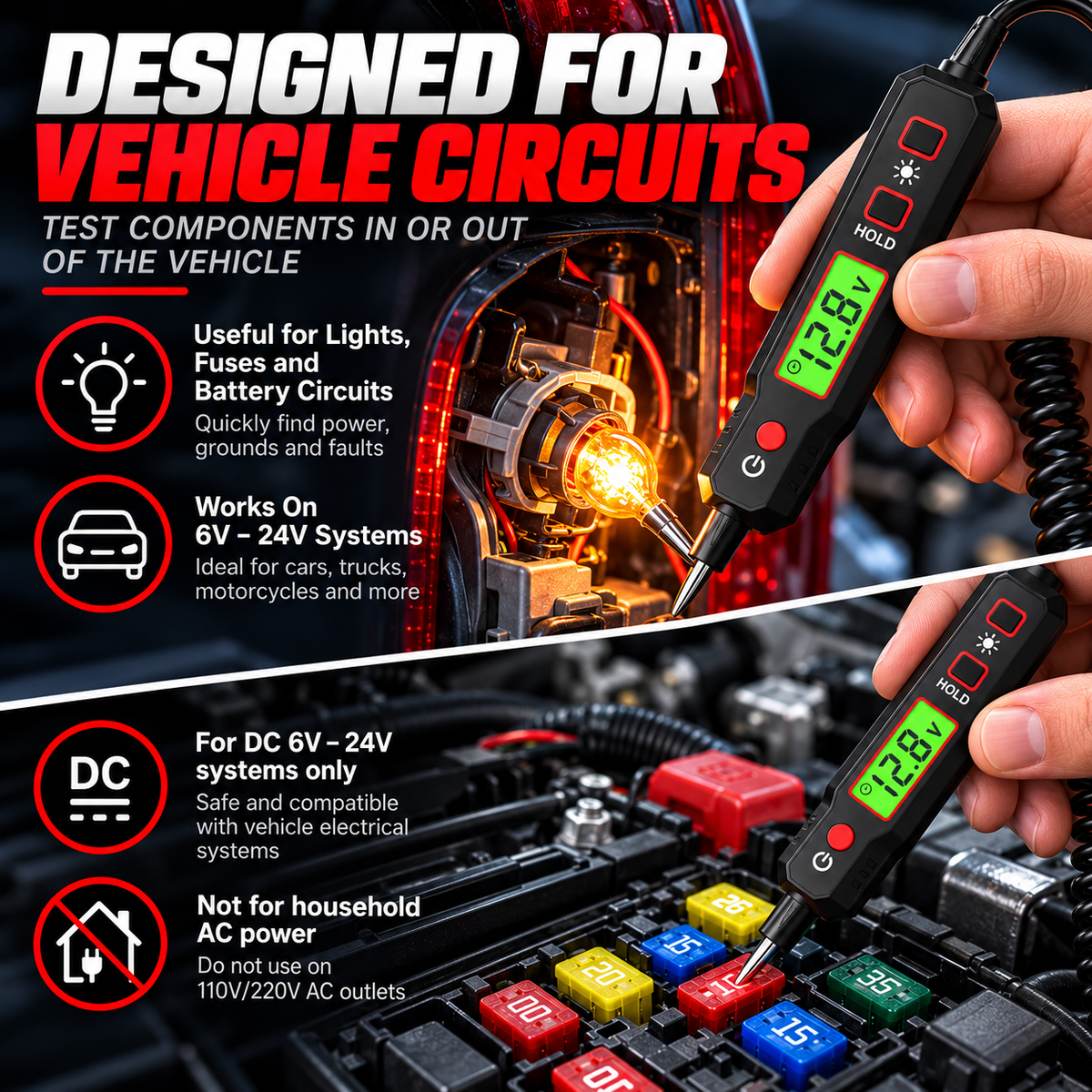 6V–24V Automotive Circuit Tester – Digital Voltage Probe with Short Circuit Detection, Polarity & Continuity Testing
