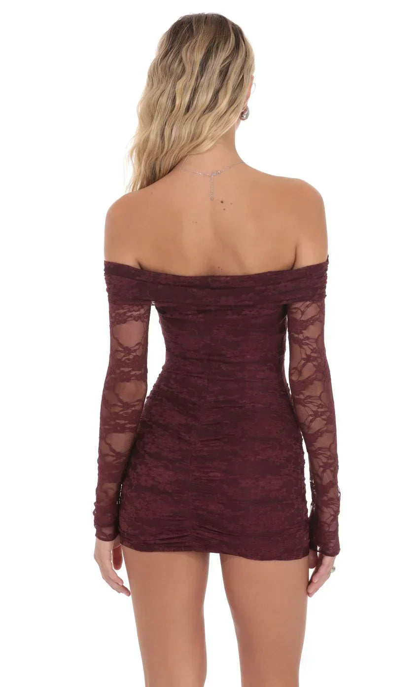 Off Shoulder Long Sleeve Lace Dress in Burgundy