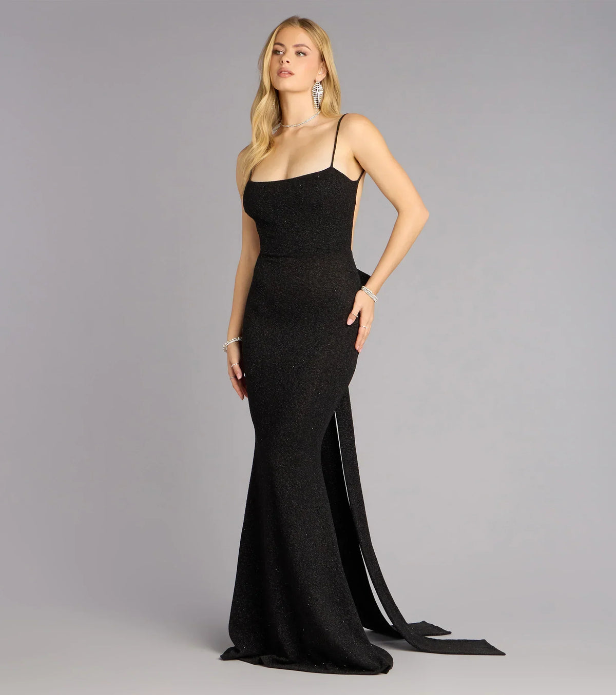 Gwendolyn Glitter Knit Bow-Back Mermaid Dress