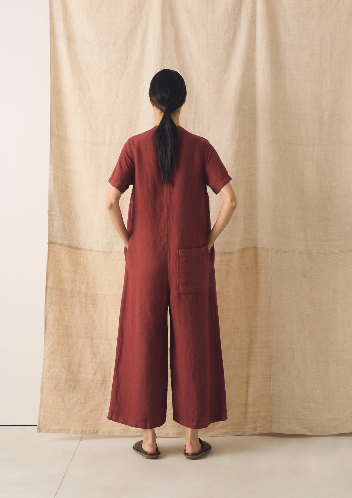 V Neck Garment Dyed Linen Jumpsuit | Tomato Red