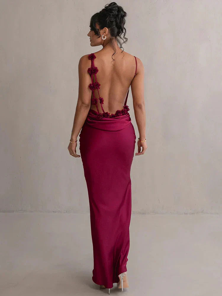 Veraïa – Satin maxi dress with floral appliqués