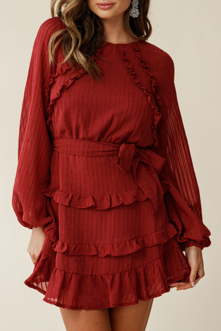 Dusk Long Sleeve Waist Tie Frill Dress Thin Stripe Wine