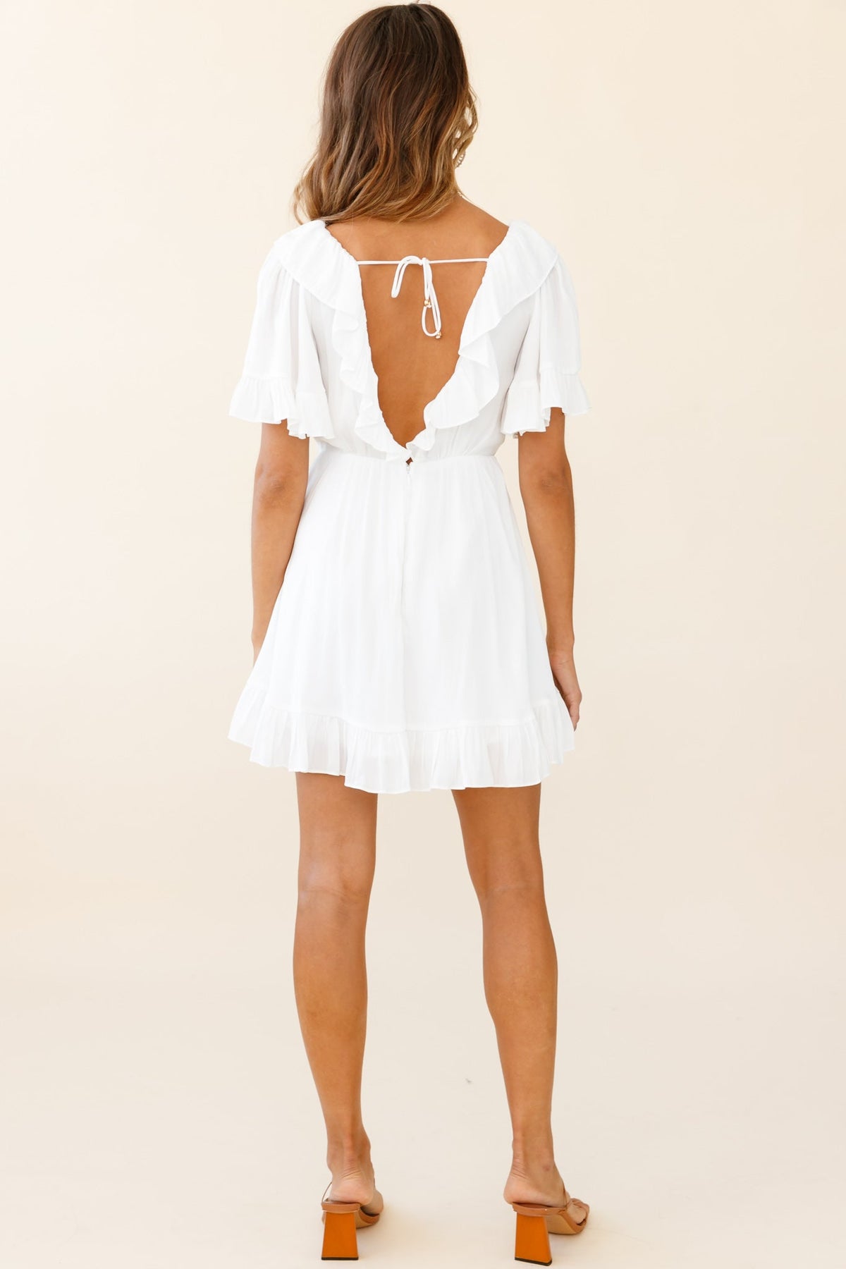 Malika Angel Sleeve Ruffle Trim Dress White