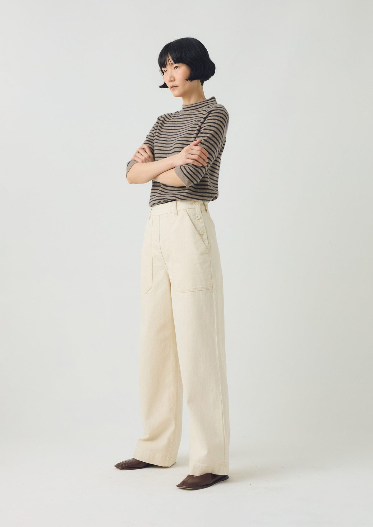 Stripe Wool Cashmere Half Sleeve Sweater | Biscuit/Anthracite
