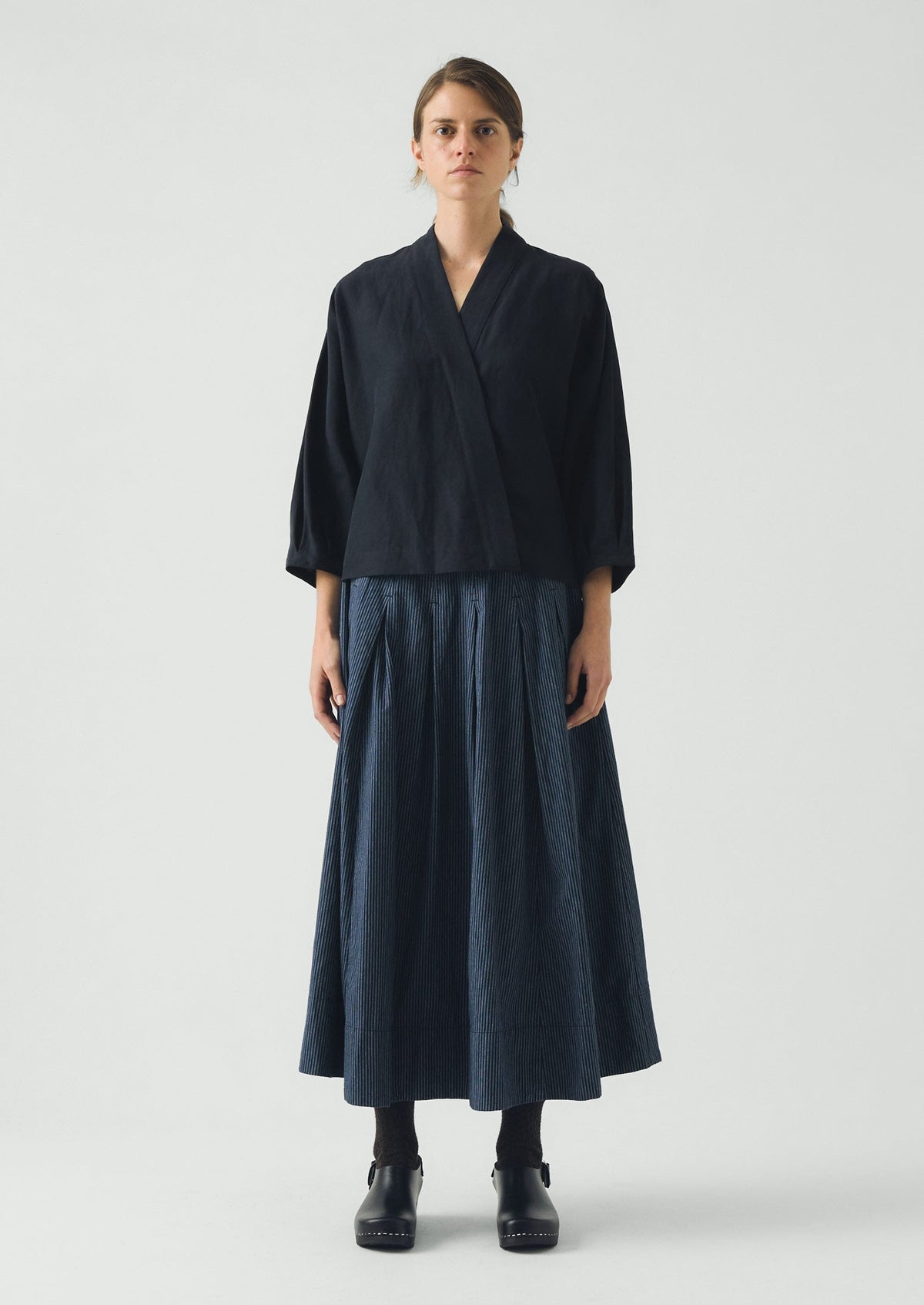 Railroad Stripe Pleated Cotton Skirt | Denim Blue