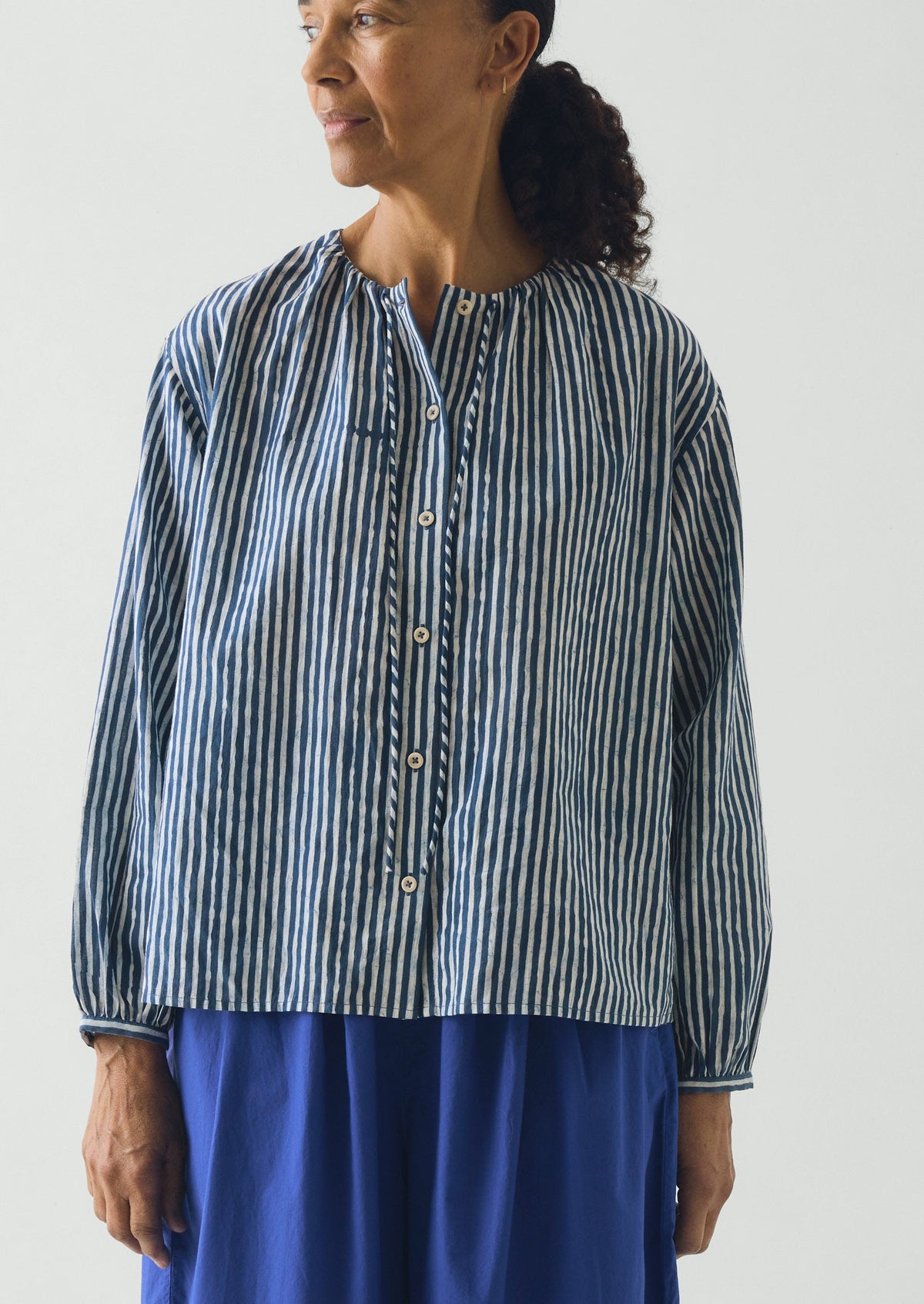 Natural Dye Stripe Cotton Gathered Top | Indigo