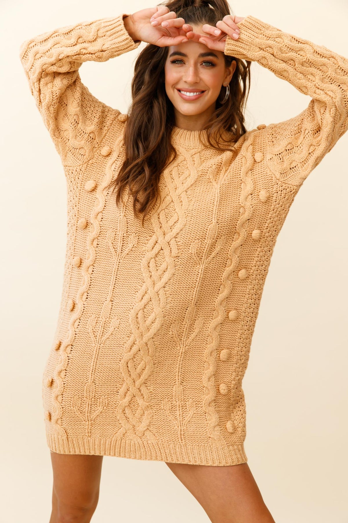 Snowstorm Pom Pom Detail Knit Sweater Dress Mustard