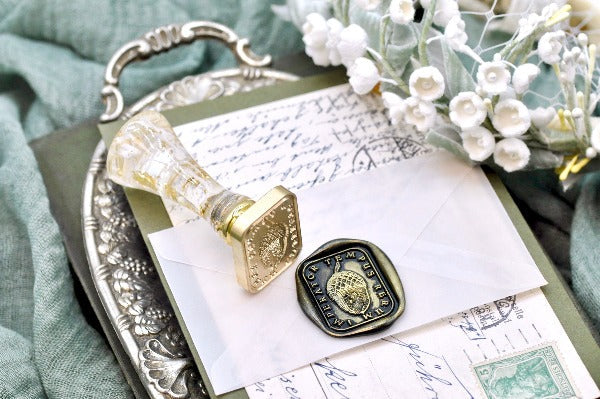 Acorn Latin Motto Wax Seal Stamp - Backtozero B20 - acorn, antique, latin, latin motto, Message, patience, Retro, rounded rectangle, Signature, signaturehandle, time