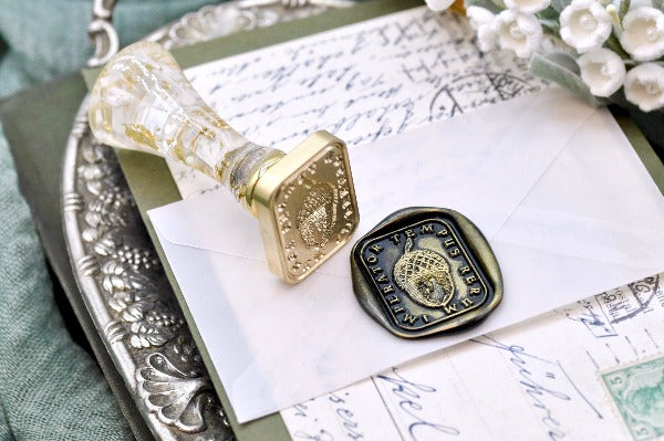 Acorn Latin Motto Wax Seal Stamp - Backtozero B20 - acorn, antique, latin, latin motto, Message, patience, Retro, rounded rectangle, Signature, signaturehandle, time