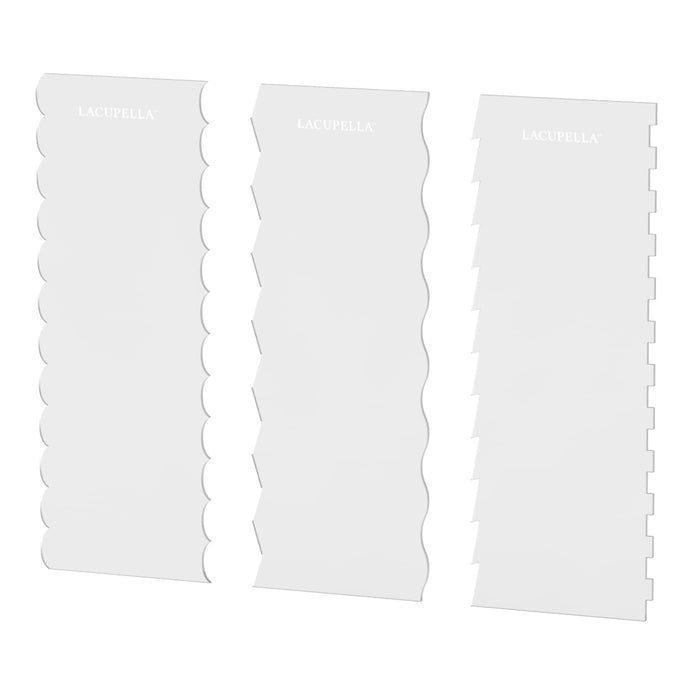 Acrylic Icing Combs provide ribbon patterns when used as a scraper when frosting your buttercream cakes.  Achieve that detailed "ribbon" or layered look with these versatile patterned icing combs.