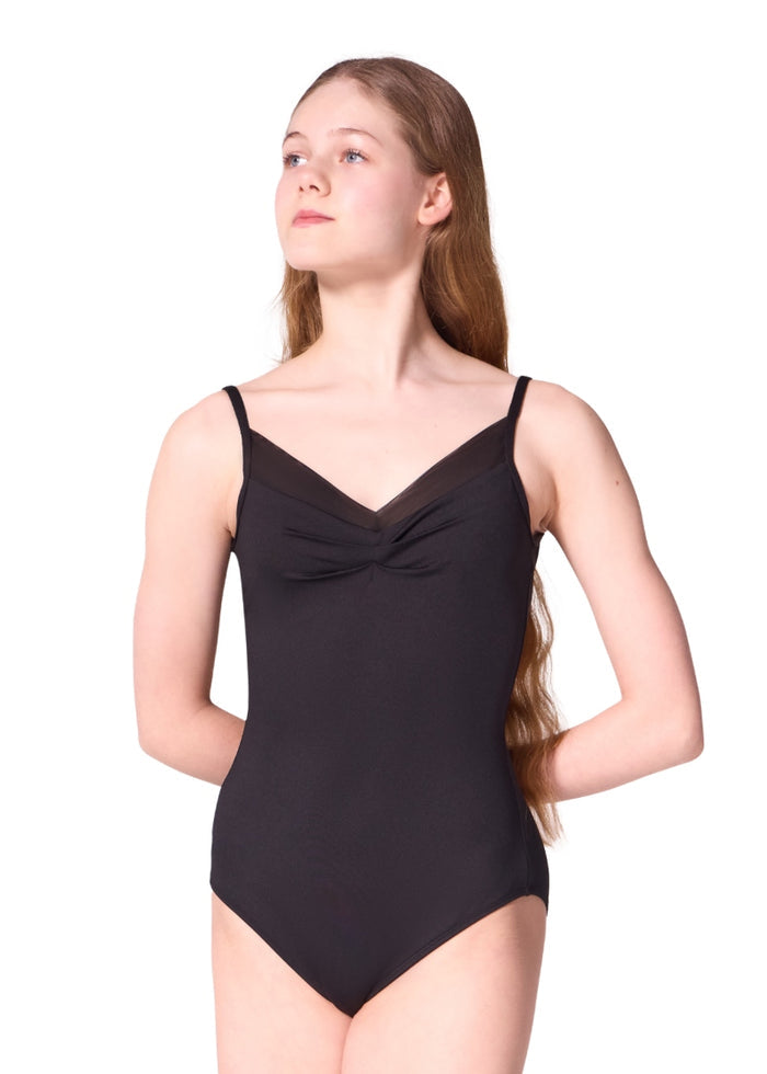 Capezio F12600W Anemonia camisole leotard in black with pinch front and mesh panels