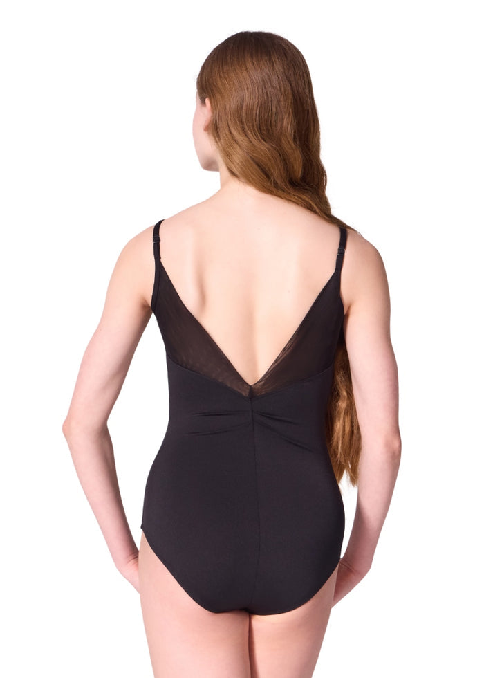 Capezio F12600W Anemonia camisole leotard in black with pinch back and mesh panels