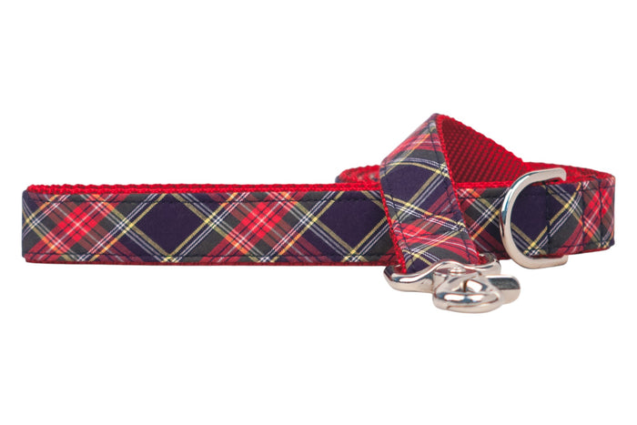 Classic tartan-patterned dog leash in red and blue, durable red nylon webbing, and finished with a shiny clasp and leash ring.