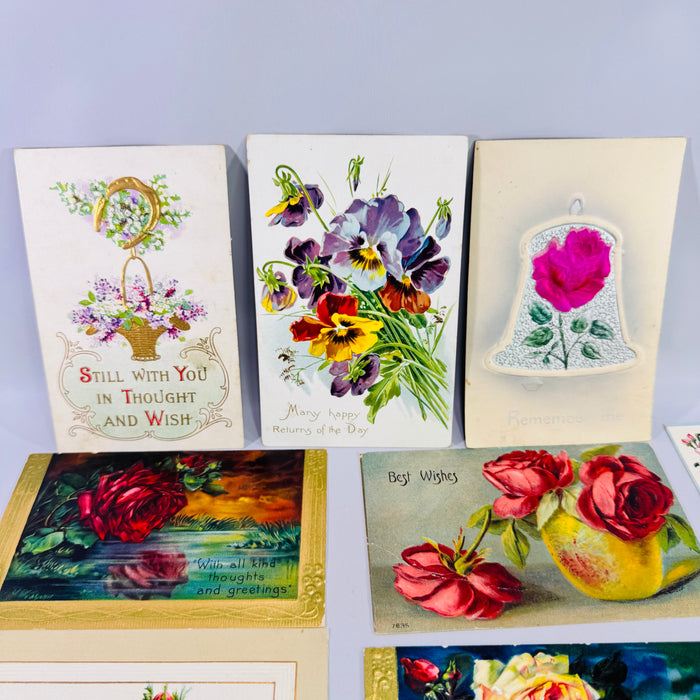 Antique Floral Postcard Lot of 11 Embossed Rose Pansy Birthday Greeting Edwardian Paper Ephemera