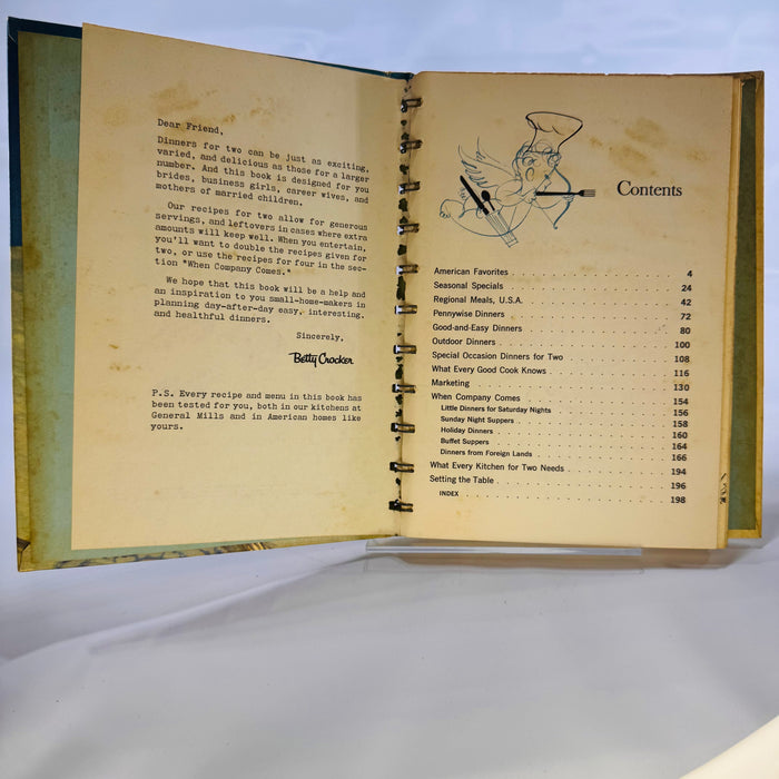 Betty Crocker's Dinner for Two Cook Book by General Mills (1958), Illustrated by Charles Harper, Simon and Schuster, First Edition, Hardcover with Metal Spiral Binding