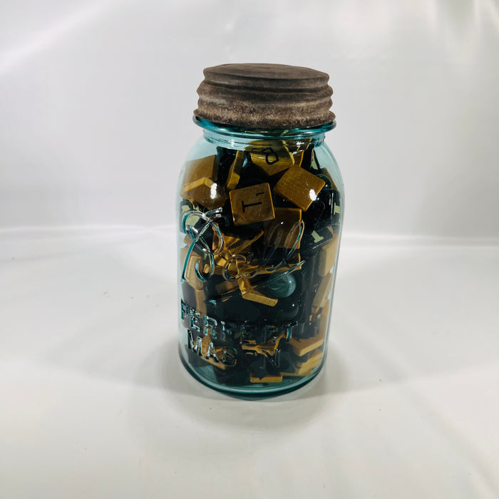 Blue Ball Perfect Quart Jar with Zinc Lid filled with Wood Plastic Scrabble Tiles Marbles Vintage Decor