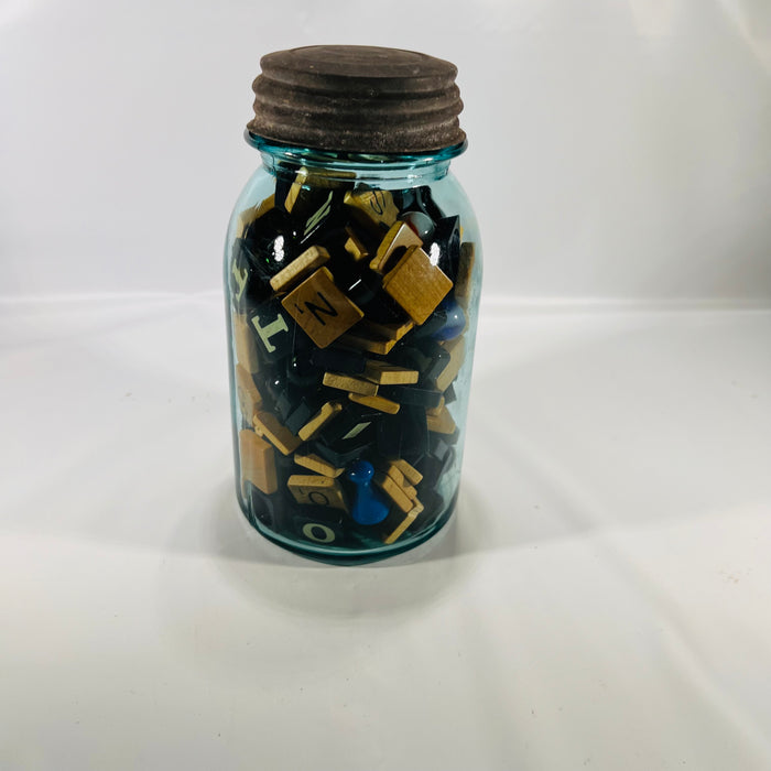 Blue Ball Perfect Quart Jar with Zinc Lid filled with Wood Plastic Scrabble Tiles Marbles Vintage Decor