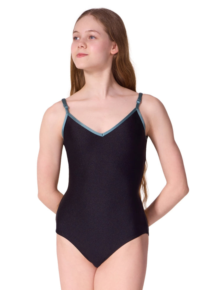 Capezio women's Brilliance camisole leotard in black with v-neckline and adjustable teal straps.