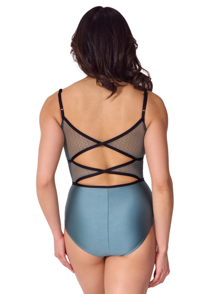 Capezio women's Brilliance camisole leotard in blueish green with textured mesh back panels, double keyhole v-back, and black trim and straps.