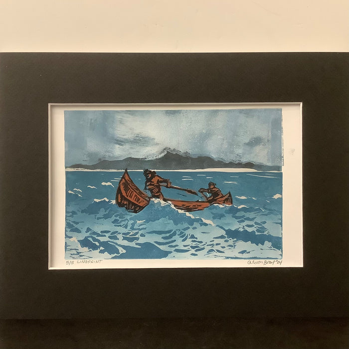 Canoe Linocut Print in Gray & Blue