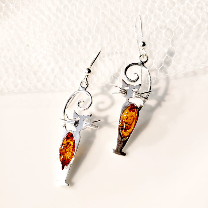 Amber cat silver earrings