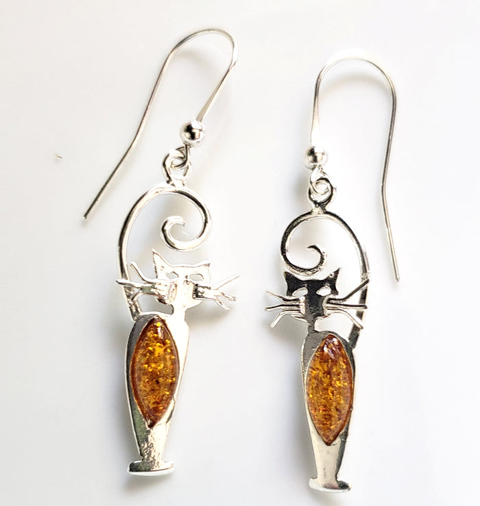Cat with long tail silver earrings
