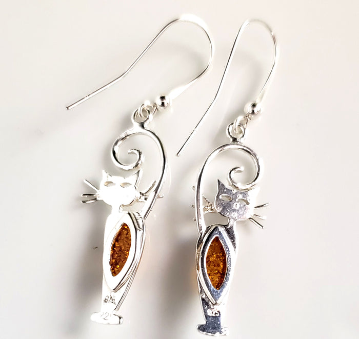 Cat with Long Tail Amber Sterling Silver Hook Earrings BuyRussianGifts Store