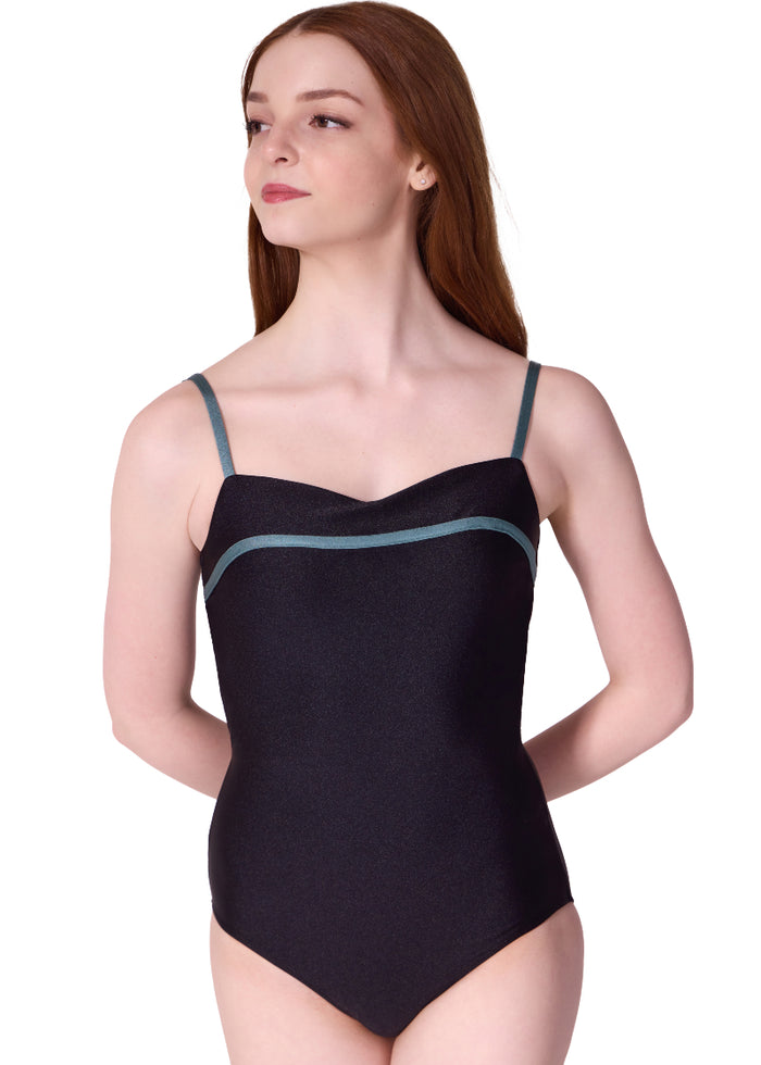 Capezio women's Cherish camisole leotard in black with sweetheart neckline and teal contrast binding and straps.