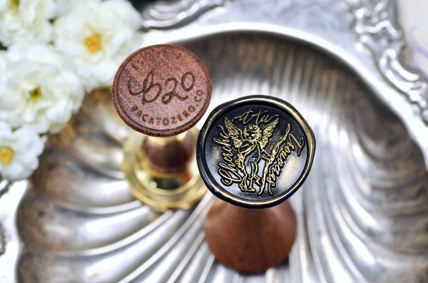 Cherub Bow & Arrow Wax Seal Stamp - Backtozero B20 - angel, black, cherub, cupid, find, french motto, Message, seek, Signature, signaturehandle, silver highlight, valentine