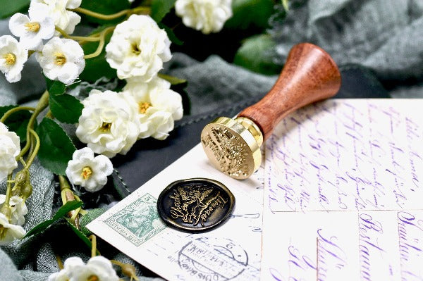 Cherub Bow & Arrow Wax Seal Stamp - Backtozero B20 - angel, black, cherub, cupid, find, french motto, Message, seek, Signature, signaturehandle, silver highlight, valentine