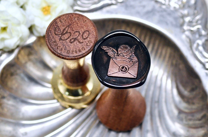 Cherub Napping on Envelope Wax Seal Stamp - Backtozero B20 - angel, black, cherub, cupid, envelope, Letter, Love, mail, romantic, Signature, signaturehandle, silver highlight, valentine