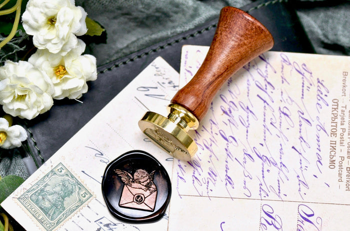 Cherub Napping on Envelope Wax Seal Stamp - Backtozero B20 - angel, black, cherub, cupid, envelope, Letter, Love, mail, romantic, Signature, signaturehandle, silver highlight, valentine