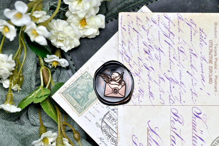 Cherub Napping on Envelope Wax Seal Stamp - Backtozero B20 - angel, black, cherub, cupid, envelope, Letter, Love, mail, romantic, Signature, signaturehandle, silver highlight, valentine
