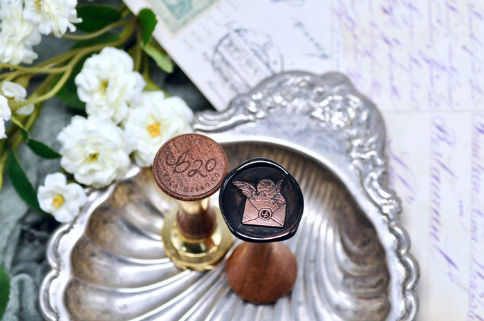 Cherub Napping on Envelope Wax Seal Stamp - Backtozero B20 - angel, black, cherub, cupid, envelope, Letter, Love, mail, romantic, Signature, signaturehandle, silver highlight, valentine