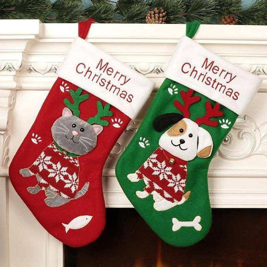 Cartoon Christmas Sock Gift Bag - Non - Woven and Brushed Fabric - Puppy & Kitten Models - Green & Red - 37x23x2 CM - DiyCraftsProject
