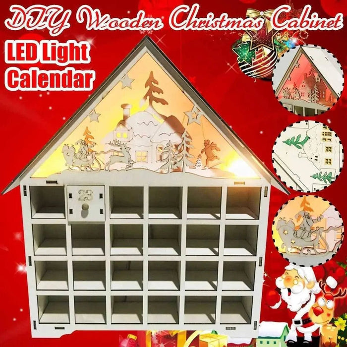 24 wooden Christmas calendar ornaments hanging on twine