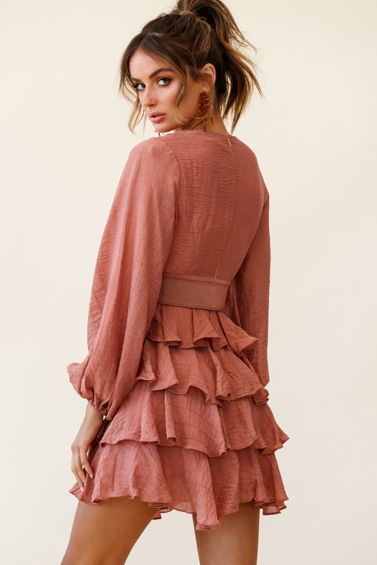 Queensland Balloon Sleeve Tiered Frill Belt Dress Rose