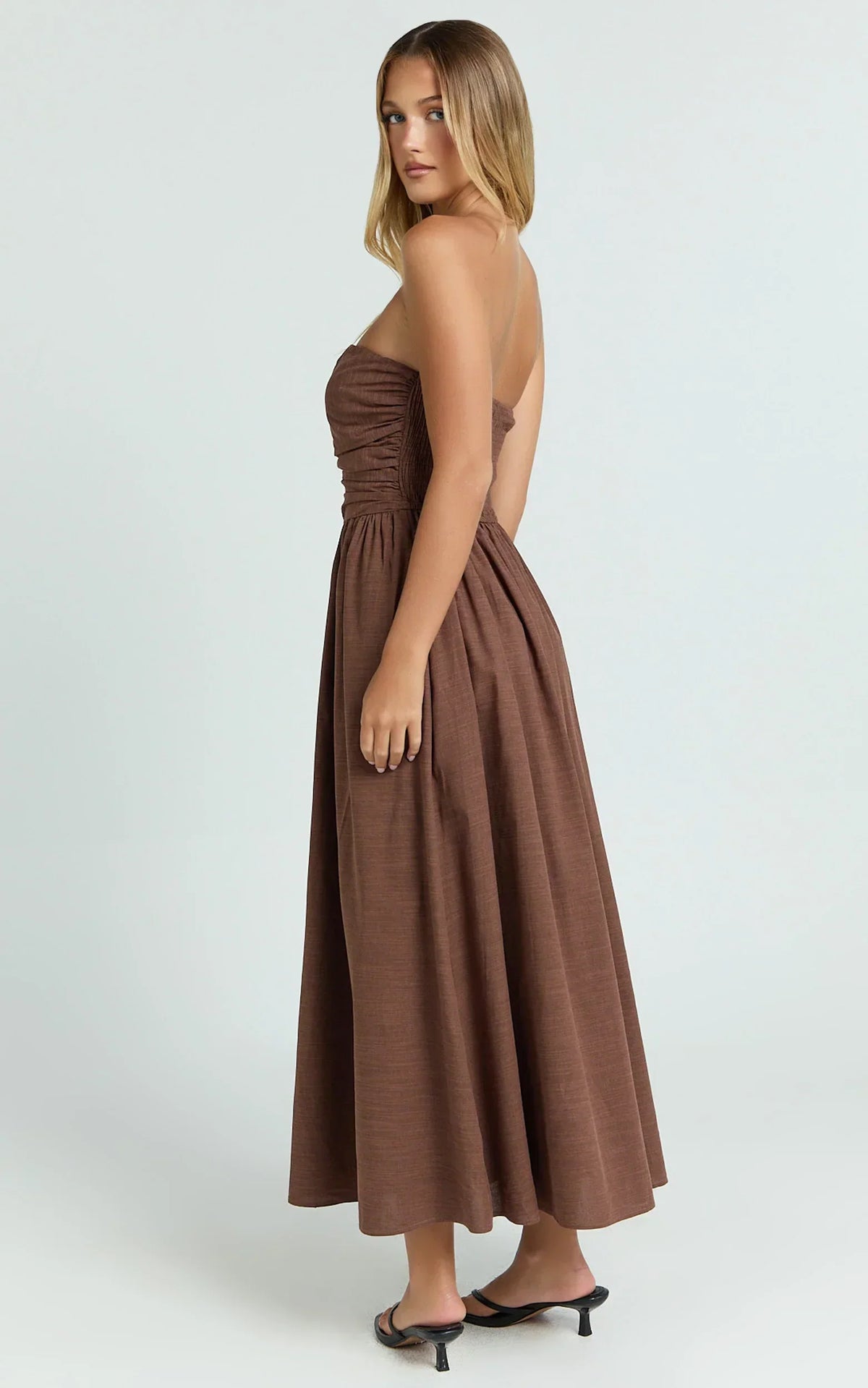 Polly Midi Dress - Strapless Ruched Dress in Chocolate