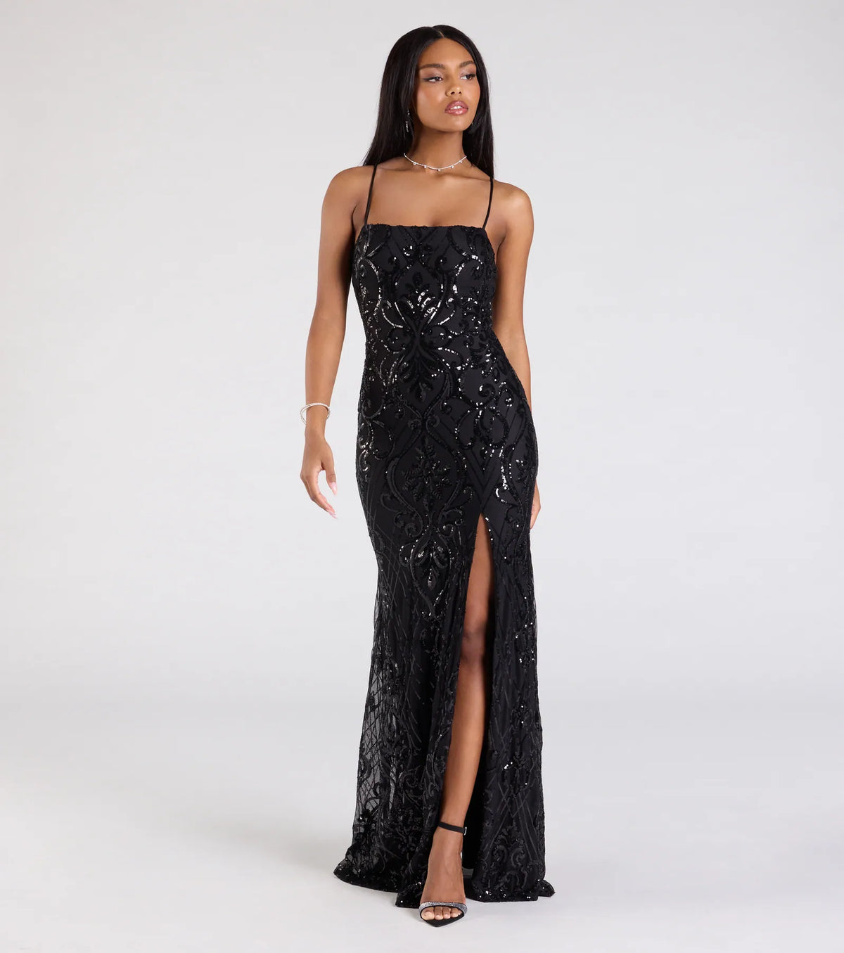 Jillian Sequin Slit Long Formal Dress