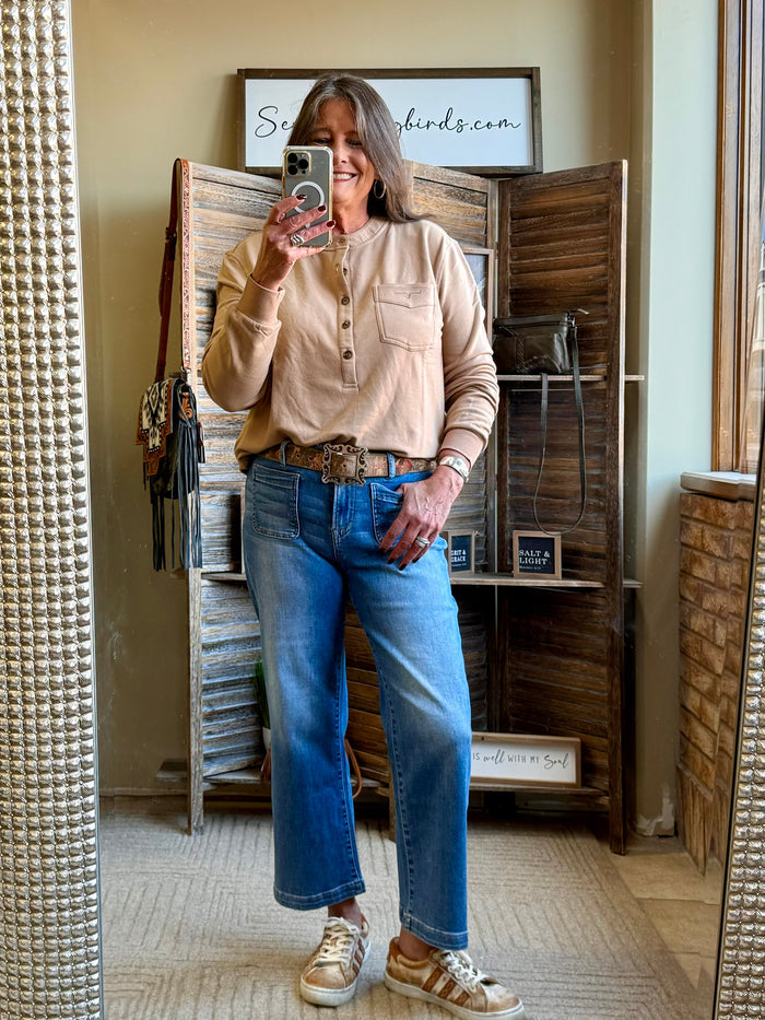 Elouise henley brown shirt front, button placket and chest pocket