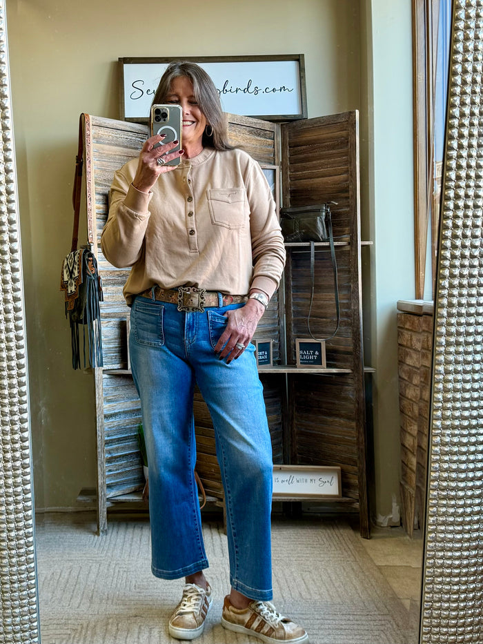 Elouise henley brown shirt with henley neckline, long sleeves, button front